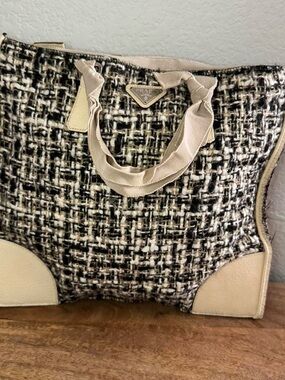 Prada Black and Cream Tweed Tote with Cream Leather Trim